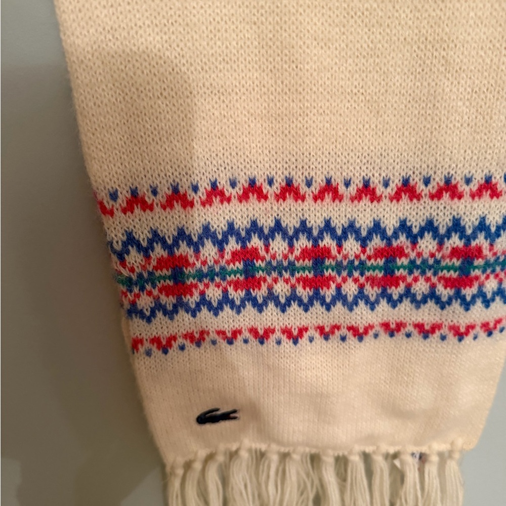 Scarf Fair Isle Lacoste Cream with Colorful Blue Pink Knit Perfect Condition